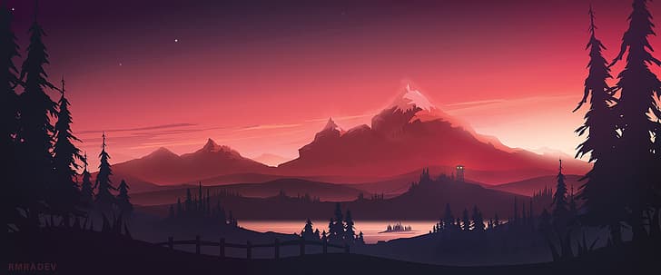 pintura digital, puesta de sol, paisaje, lago, montañas, rmRadev, Fondo de pantalla HD
