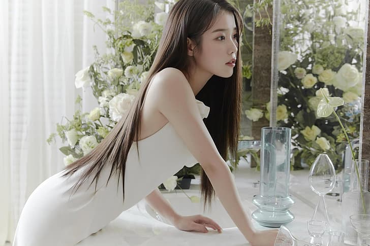 Asian, Korean women, singer, white dress, flowers, long hair, IU, vases, brunette, sink, mirror, curtain, leaning, HD wallpaper