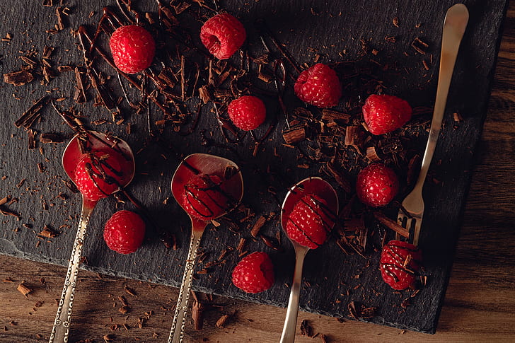 berries, raspberry, chocolate, plug, spoon, HD wallpaper