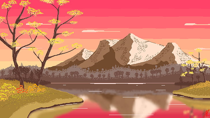 nature, landscape, pixel art, pixelated, pixels, mountains, Wavestormed, trees, spring, forest, lake, reflection, pink clouds, HD wallpaper