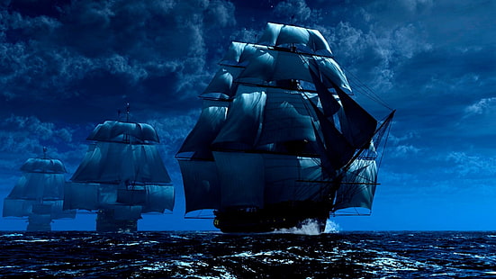 linjens fartyg, hav, segelfartyg, manila galjon, himmel, flotta, krigsfartygsflotta, natt, hav, mörker, karavell, fartyg, brig, HD tapet HD wallpaper