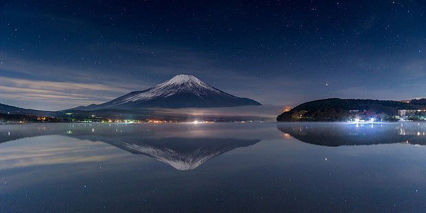 body of water, nature, photography, landscape, starry night, volcano, snowy peak, lights, reflection, lake, mist, Mount Fuji, Japan, HD wallpaper HD wallpaper
