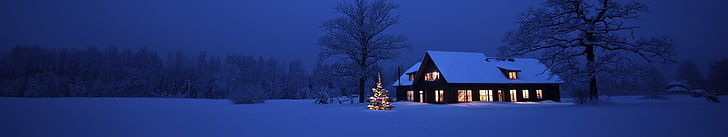 snow-covered cabin, winter, snow, white, blue, lights, Christmas, holiday, hut, house, trees, Christmas Tree, dark, panorama, ultrawide, HD wallpaper