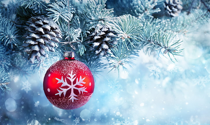 red and white Christmas bauble with Christmas tree, snow, decoration, balls, tree, New Year, Christmas, bumps, Merry Christmas, Xmas, HD wallpaper