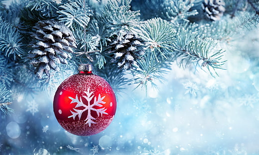 كرة عيد الميلاد باللونين الأحمر والأبيض مع شجرة عيد الميلاد ، الثلج ، الديكور ، الكرات ، الشجرة ، رأس السنة الجديدة ، الكريسماس ، المطبات ، عيد ميلاد سعيد ، عيد الميلاد، خلفية HD HD wallpaper