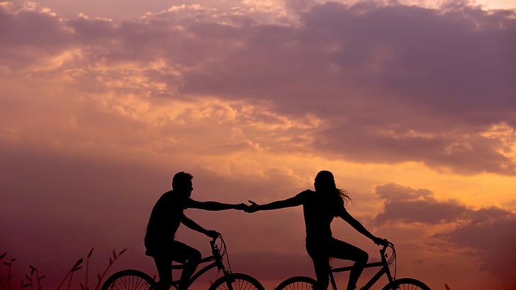 silhouette photo of man and woman riding bicycles, love image, couple, 5k, HD wallpaper
