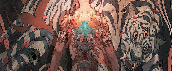 Chun Lo, démon, tigre, tatouage, hommes, trois yeux, tigres blancs, numérique, artwork, Fond d'écran HD