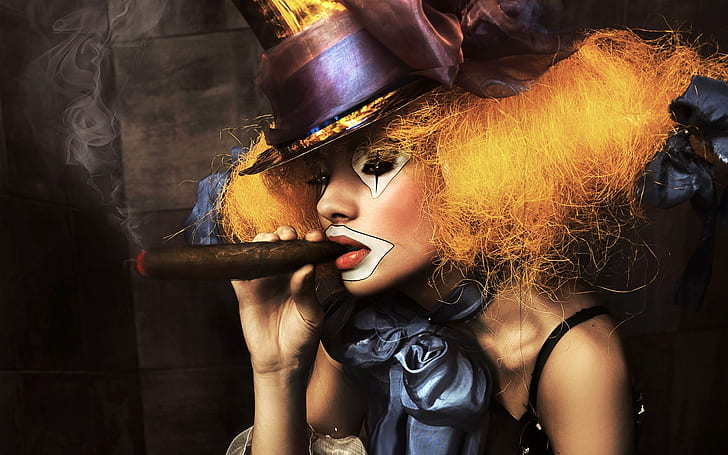 Eine Zigarre rauchen, Clownsfrau, Zigaretten, Clown, Trottel, Dummkopf, Harlekin, Mädchen, HD-Hintergrundbild