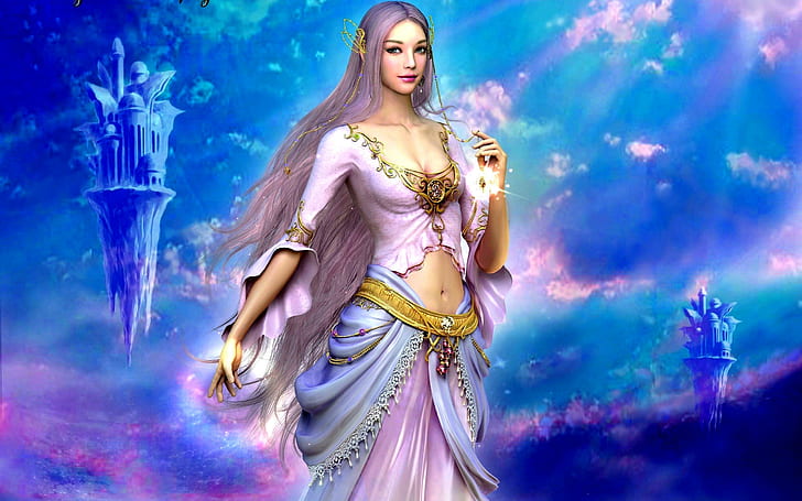 Gorgeous Goddess, pink clouds, guidance of goddess, flight, shaiya, towers, light and darkness, the goddess, dawn, HD wallpaper