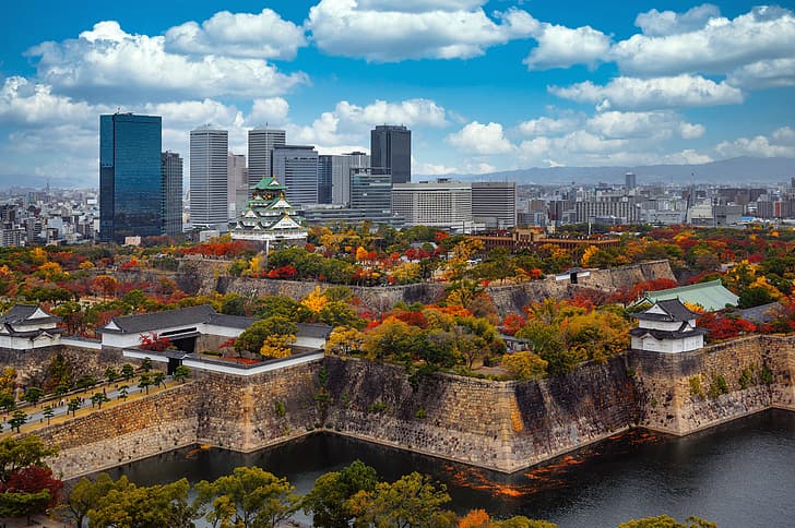 arbres, parc, château, bâtiment, Japon, gratte-ciel, Osaka, fossé, château d'Osaka, parc du château d'Osaka, Fond d'écran HD