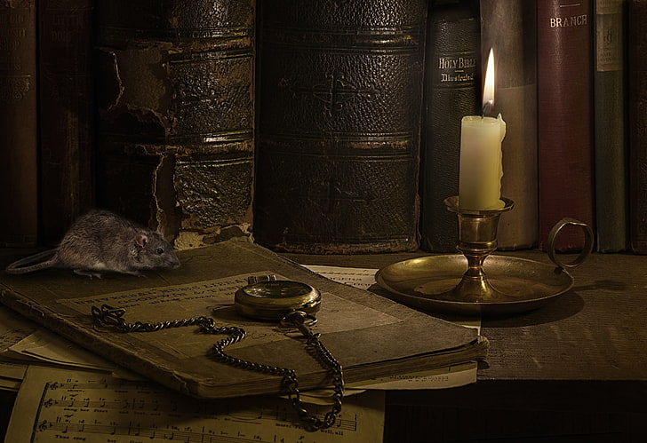 white pillar candle, notes, watch, books, candle, mouse, HD wallpaper