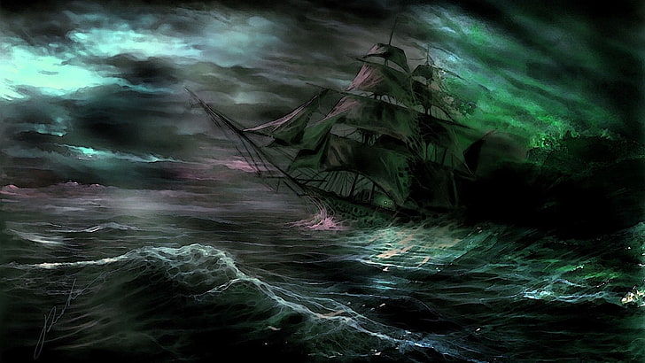 black galleon ship during storm digital wallpaper, Fantasy, Dark, Ocean, Ship, HD wallpaper