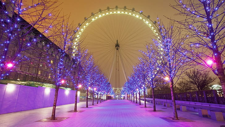 London Eye Purple Christmas Lights, lights, trees, street, ferris wheel, xmas, nature and landscapes, HD wallpaper