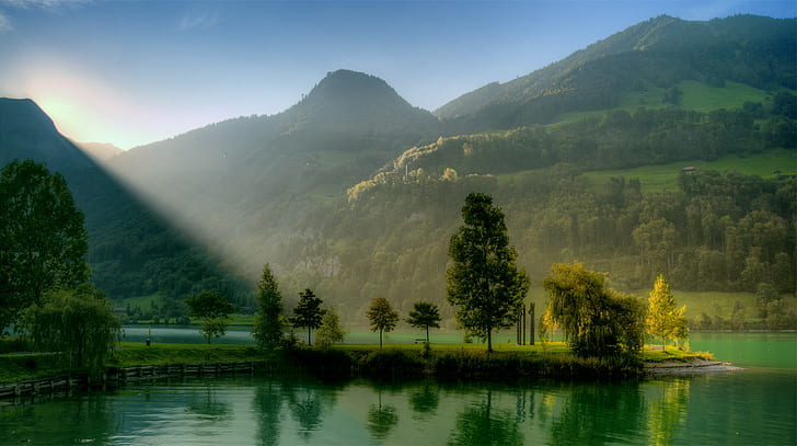 nature, landscape, lake, sunlight, hills, Switzerland, HD wallpaper