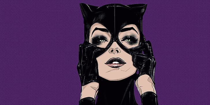 DC Comics, Catwoman, gadis kucing, bodysuit lateks, lateks, lateks hitam, latar belakang ungu, gelap, Wallpaper HD