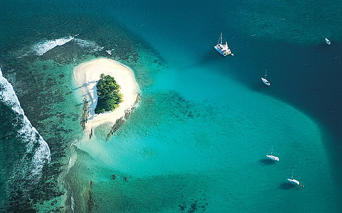 Luftbild einer Insel, Fotografie, Natur, Landschaft, Meer, Wasser, Boot, Insel, HD-Hintergrundbild HD wallpaper