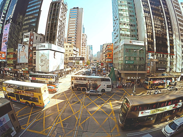 bus, city, crossroad, gopro, hongkong, street, HD wallpaper