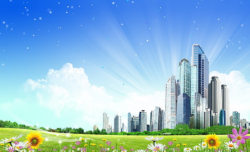 Aero, Creative, Summer, Dreamscape, Лето 8, цветы разных цветов рядом с зеленым полем и иллюстрациями городских зданий., HD обои HD wallpaper