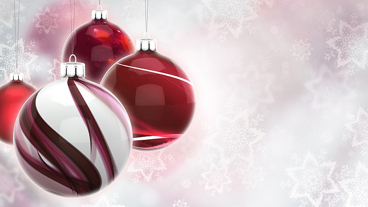 red baubles, Christmas ornaments , vector, digital art, snow flakes, HD wallpaper