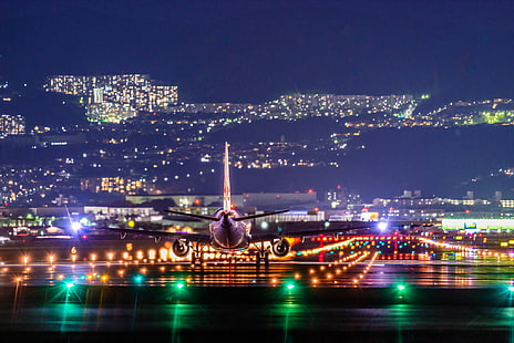 Airplane, NightView, Itami Airport, HD wallpaper HD wallpaper