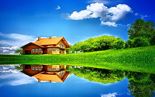 Piękna sceneria, przyroda, krajobrazy, niebieski, woda, zieleń, piękna, dom, Tapety HD HD wallpaper