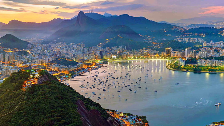 городской пейзаж, небо, город, ориентир, туристическая достопримечательность, гора пейзаж, озеро, гора, утро, туризм, Копакабана, сумерки, вечер, Рио-де-Жанейро, Бразилия, HD обои