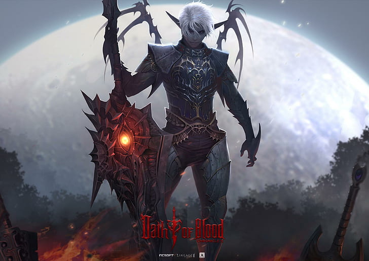 Oath Of Blood, male, lineage ii, lineage 2, weapon, games, lone, sword, armor, video games, lineage, white hair, HD wallpaper