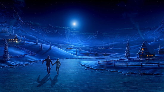 илюстрация на покрита със сняг къща, зима, лед, нощ, къща, Луна, хора, двойка, дървета, сняг, лунна светлина, мост, замръзнала река, планини, HD тапет HD wallpaper