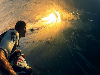 sea waves, surfing, men, sport, sports, surfers, sunlight, sea, HD wallpaper HD wallpaper