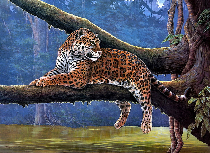 brown and white leopard illustration, animals, river, tree, Jaguar, branch, painting, vines, Raymond Reibel, HD wallpaper