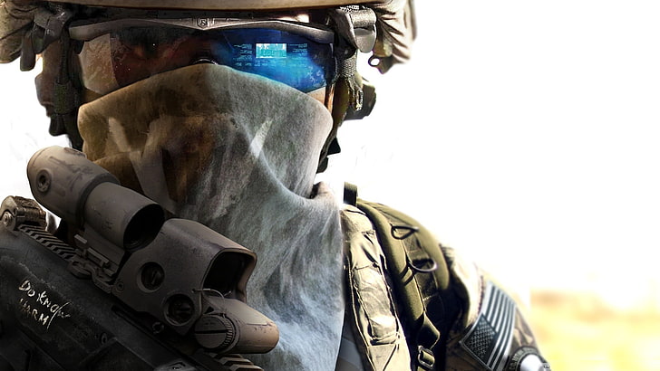 men's black soldier uniform, weapons, mask, helmet, sight, points, tom clancy\'s ghost recon, Future Soldier, HD wallpaper