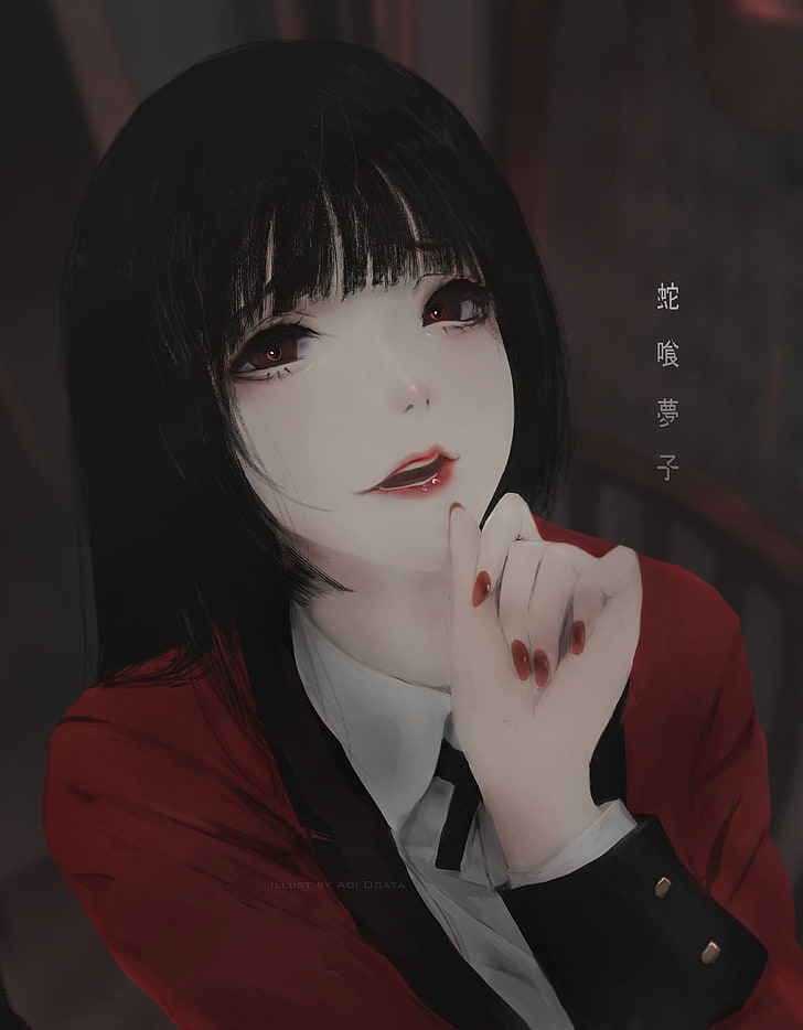 kakegurui, jabami yumeko, black hair, semi realistic, red eyes, cuffs, Anime, HD wallpaper