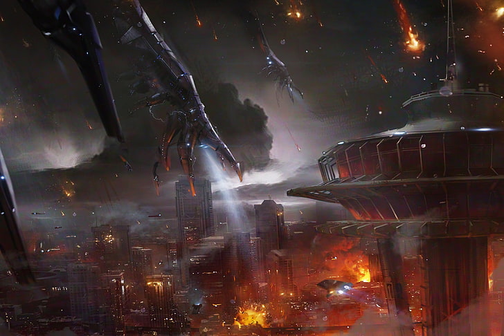 черный высотное здание иллюстрация, огонь, разрушение, искусство, земля, Mass Effect 3, атака жнеца, атака жнецов, HD обои