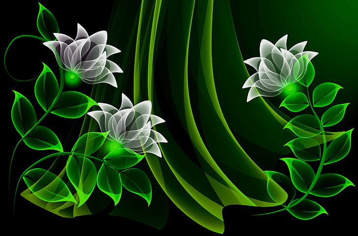 papel tapiz digital de flores blancas, flores, vector, fondo, neón, Fondo de pantalla HD