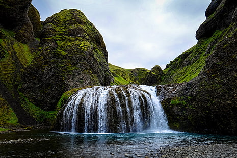 Skogafoss Falls, Iceland, waterfall, river, stones, current, HD wallpaper HD wallpaper