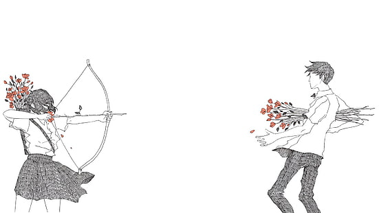 illustrazione di schizzo di uomo e donna, fiori, amore, arco, freccia, monocromatico, Sfondo HD HD wallpaper