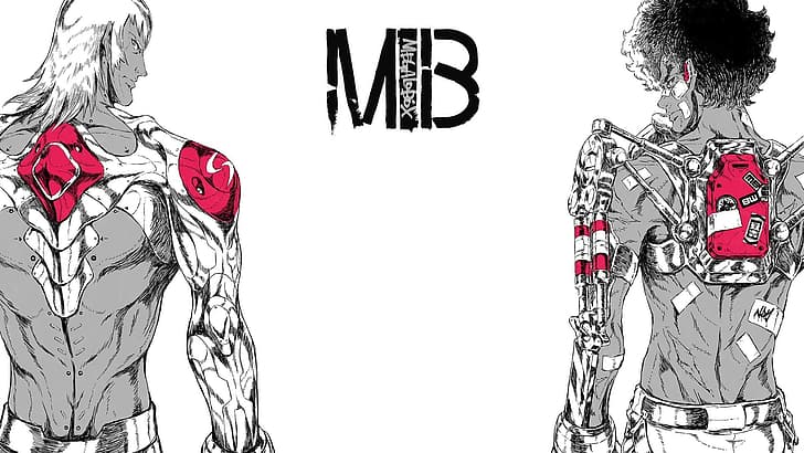 MEGALO BOX, Joe (MEGALO BOX), Yuuri (Megalo Box), anime, anime boys, Two Men, boxing gloves, gloves, brunette, white hair, science fiction, boxing, muscles, abs, arms, topless, scars, Exoskeleton, power armor, cybernetics, biceps, exosuit, futuristic armor, white background, HD wallpaper