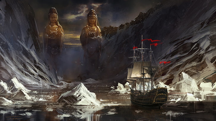 سفينة بنية بالقرب من جسم مائي بين خلفية جبلية ، جود سميث ، أعمال فنية ، فن خيالي ، سفينة شراعية، خلفية HD
