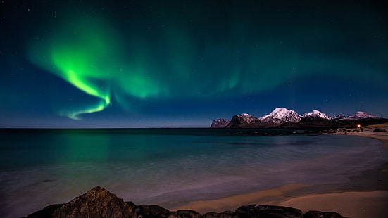aurora borealis, ธรรมชาติ, ออโรร่า, ท้องฟ้ายามค่ำ, ท้องฟ้า, น้ำ, ปรากฏการณ์, แสง, ทะเล, กลางคืน, ภูมิประเทศ, ชายหาด, ชายฝั่ง, แสงเหนือ, วอลล์เปเปอร์ HD HD wallpaper
