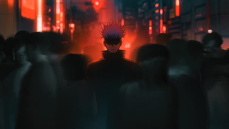 Jujutsu Kaisen, Satoru Gojo, weißes Haar, Augenbinde, Uniform, Menschenmengen, verschwommen, rotes Licht, Anime, Anime-Screenshot, Anime-Jungs, HD-Hintergrundbild
