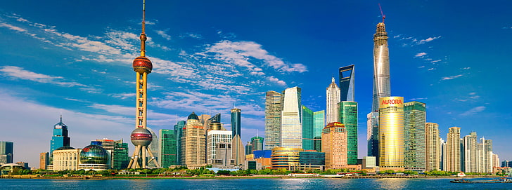 Oryantal Pearl Tower, Çin, gökyüzü, şehir, gün, panorama, Şangay, HD masaüstü duvar kağıdı