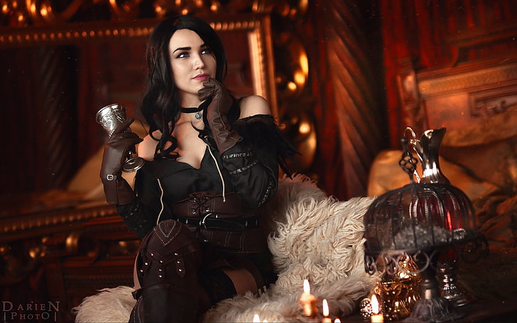 Women, Cosplay, Black Hair, Boots, Candle, Collar, Cup, Glove, Long Hair, Purple Eyes, Sitting, The Witcher 3: Wild Hunt, Thigh Highs, Yennefer of Vengerberg, HD wallpaper