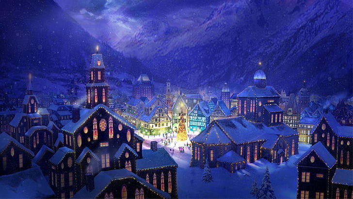 Christmas Village Square HD, sqaure, pohon, desa, Wallpaper HD