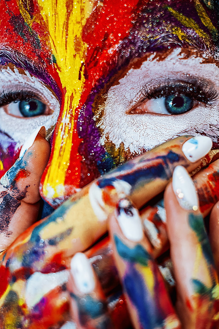 multicolored face art, face, paint, make-up, multicolored, eyes, HD wallpaper