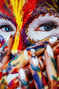 разноцветные фейс арт, лицо, краски, макияж, разноцветные, глаза, HD обои HD wallpaper