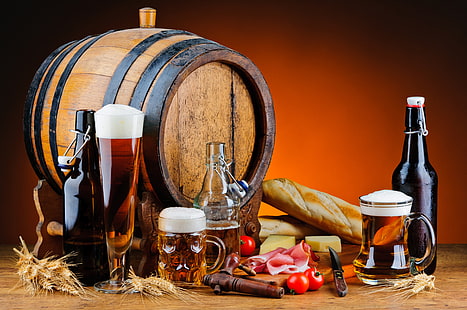 Speisen, Stillleben, Alkohol, Fass, Bier, Flasche, Getränk, HD-Hintergrundbild HD wallpaper