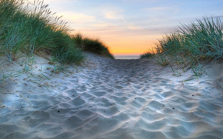 Plaża-hdr, piękna, ładna, trawa, piękna, zachód słońca, woda, piasek, ocean, ładna, chmury, fajna, natura, plaża, Tapety HD