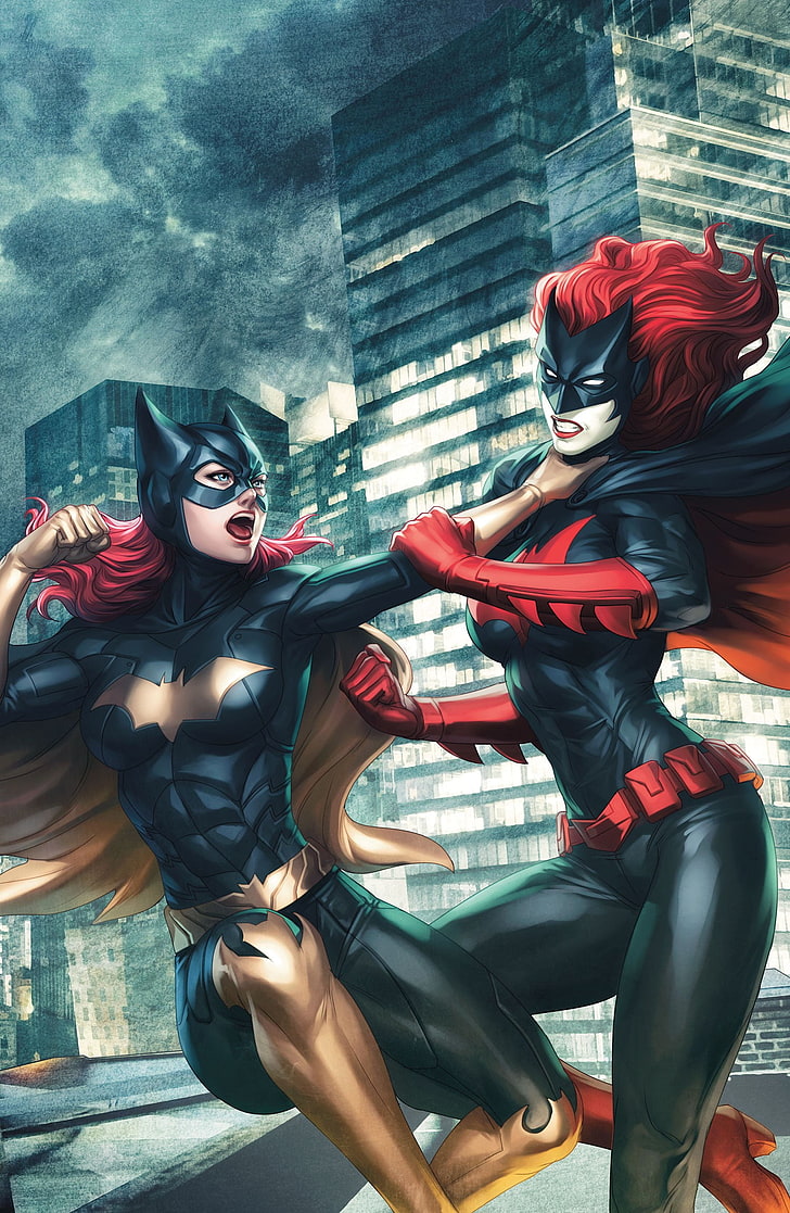 обои для двух персонажей DC, Batgirl, комиксы DC, Batwoman, супергерои, HD обои, телефон обои