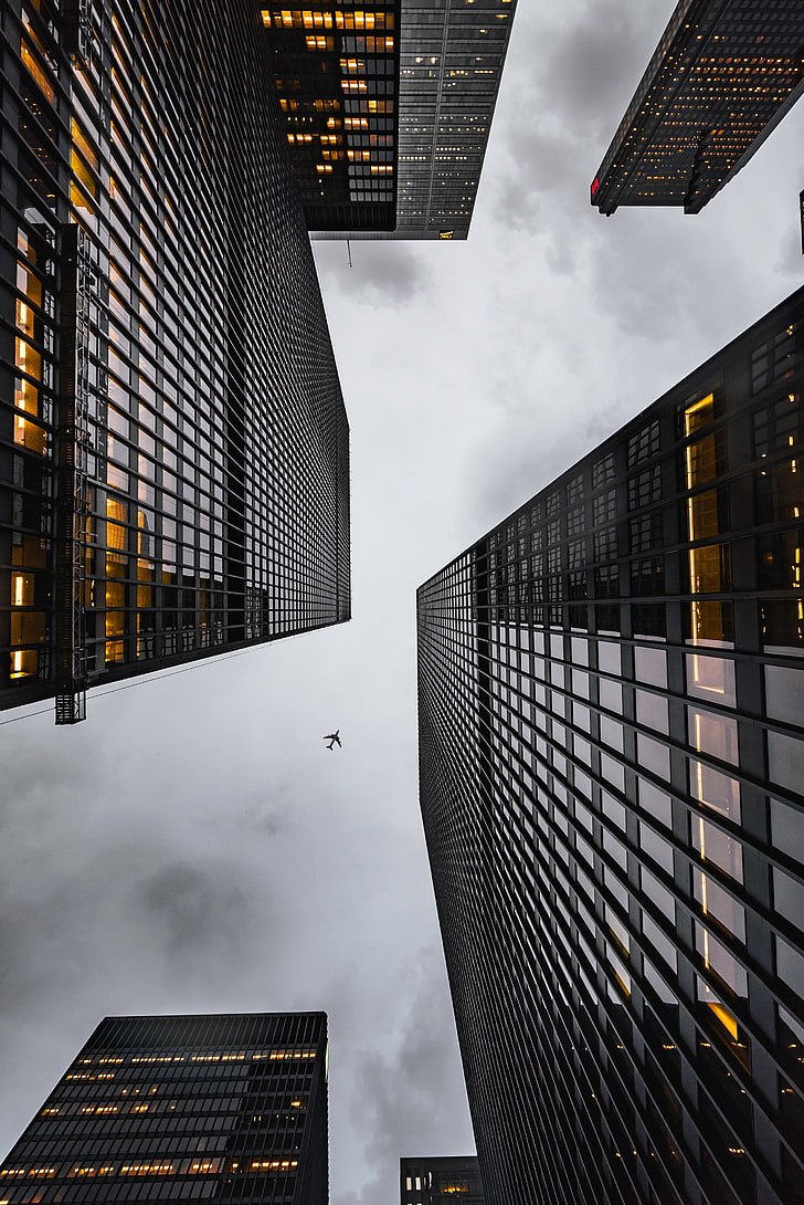 Architekturfotografie, Flugzeug, Gebäude, Wolkenkratzer, Ansicht von unten, HD-Hintergrundbild, Handy-Hintergrundbild