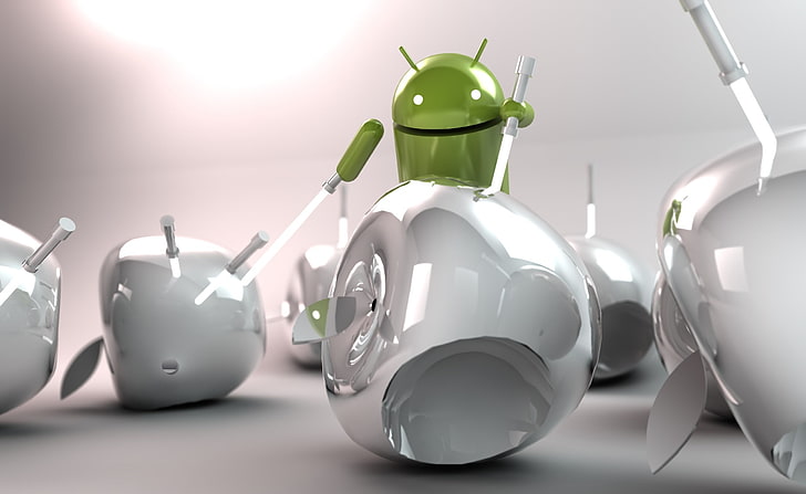 Android مقابل Apple ، شعار Apple وشعار Android ، أجهزة الكمبيوتر ، Android ، Apple، خلفية HD